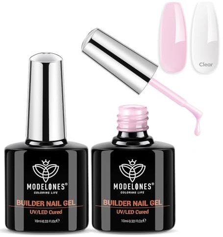 Modelones Builder Gel Set, 2 Pcs 10ml Clear and Pink Builder Gel in a bottle, Nail Strengthener Extension Gel Builder for Nail, LED UV Lamp Cured Hard Gel