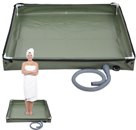 Bac De Douche Portable, 2 en 1 Base De Douche De Camping Pliable avec Tuyau D'évacuation, 80x80x10cm Durable Oxford Waterproof Tent Awning Bottom, Basin Outdoor Shower Enclosure Base for RV Camping