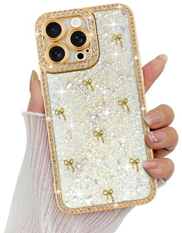 Wirvyuer for iPhone 16 Pro Max Bow Case Glitter Diamonds for Girls, Gold | Cute 3D Bowknot with Luxury Sparkly Rhinestone Design Phone Case, Clear Shockproof Protective Silicone Phone Case for Women