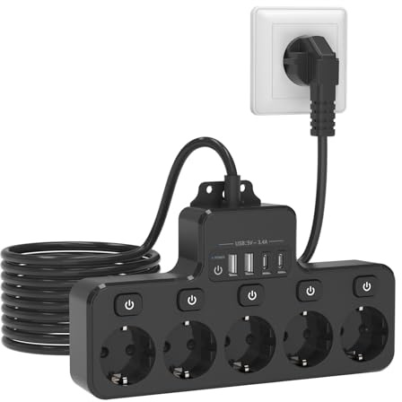 LEUTED 5 Fach Steckdosenleiste Einzeln Schaltbar mit USB C, 4000W | Mehrfachsteckdose mit Überspannungsschutz, 2 USB-C, 2 USB-A, 2 m Kabel und Wandmontage für Zuhause, Büro und Gaming