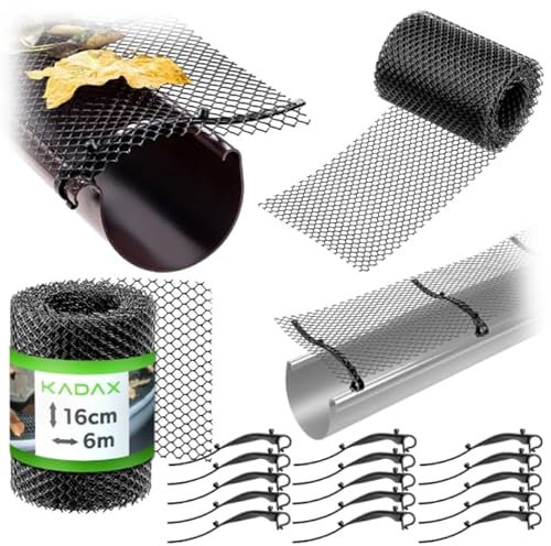 KADAX Laubschutzgitter für Dachrinnen, 16cm x 6m, Laubschutz aus Kunststoff für Regenrinnen, Dachrinnengitter, Schutzgitter mit Befestigungsclips, Dachrinnenschutz (1 Stück)