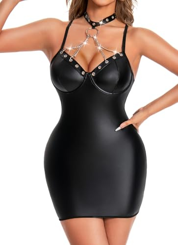 EVELIFE Sexig läderklänning för kvinnor, wetlook med metallkedja, choker, rygglös ärmlös bodycon lackläder, curvy miniklänning, klubbkläder, festklänning, halloween, kostym, rave, cocktailkläder