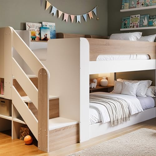 Flair Furnishings - Double Bunk Bed for Kids, Staircase Bunk Bed with Storage, Heavy Duty, Integrated Shelving and Step Storage, Sleek and Stylish (White & Oak)