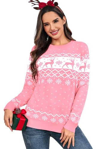 Aottori Pull Noël Femme Motif Renne Haut Tricoté Col Rond Manches Longues | Maille tricotée confortable; Manches longues; Col rond avec motif renne; Avec jean pantalon ou jupe; Fêtes de Noël et hiver