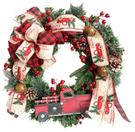 Osmond Christmas Wreath Artificial Pine Cone Red Truck Car Bow Berry Wreath Hanging Front Door Wall Decor