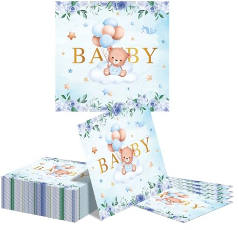 Kotkiddy 40 STK Baby Shower Servietten Junge Bär Motiv Cocktail Dessert Papierservietten Einweg Gender Reveal Party Tischdeko Blau Gold Geburtstag Dekoration