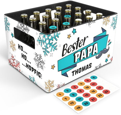 GRAVURZEILE Bierkasten-Banderole - Adventskalender - Bester Papa - Personalisiert mit Name - Geschenkidee für Männer zu Weihanchten - Inkl. 24 Flaschendeckel-Aufkleber - Passend für 20er Bierkasten