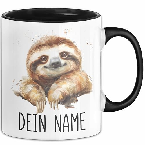 Faultier Tasse mit Namen – Personalisierte Tasse Geburtstag Geschenkidee süßes Faultiermotiv Namenstasse (Schwarz)