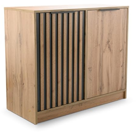 Masseno Kommode Garen 94 cm Sideboard mit Schubladen und 2 Türen für Wohnzimmer Schlafzimmer Modern 94x41x82 cm Eiche Wotan/Schwarz