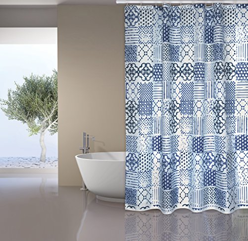 MSV Cotexsa by Premium Anti-Schimmel Textil Duschvorhang - Anti-Bakteriell, waschbar, 100% wasserdicht, mit 12 Duschvorhangringen - Polyester, „Alentejo“ Blau 180x200cm – Made in Spain