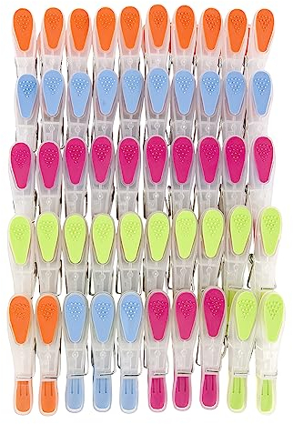 SOHFA Wäscheklammern 50 Stück Soft Grip ohne Abdruck - Wäscheklammern Groß Bunt Kunststoff - Starke Klammern für Wäsche - UV-beständig - Clothes Pegs Softgrip für Dicke Seile