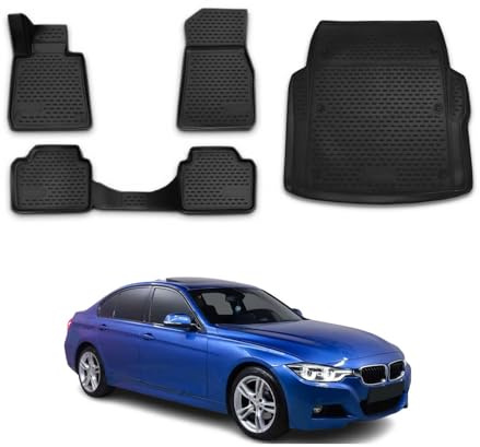 Fußmatten & Kofferraumwanne Set kompatibel mit BMW 3er F30 F31 2012-2018 Gummi Schwarz 5X