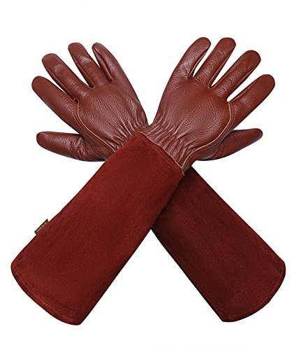 isilila Gartenhandschuhe Für Damen und Herren Rosen Leder Langen Rindsleder Handschuhe dornensichere Thorn Proof Atmungsaktiv & Haltbarkeit Gauntlet Handschuhe (S, Braun)