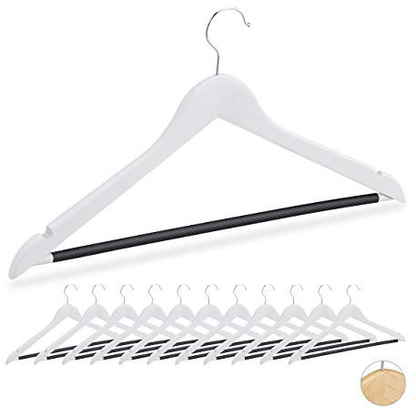 Relaxdays Kleiderbügel, 12er Set, für Oberteile, Hosen & Röcke, Kerben, gummierter Hosensteg, stabil, Holz Bügel, weiß