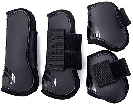 Merauno® Gamaschen Pferde 4er Set Gamaschen Paar für vorne hinter Hartschale und Klettverschluss für Damen& Herren PU Robust Elastisch Tendon Boots Classic (L(WB), Schwarz)