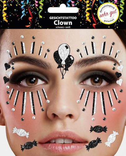 Gesichtstattoo - Glitzer Aufkleber Klebetattoos Temporäres Glitter Face Tattoo Motto Party Karneval Halloween (Clown Schwarz Weiß)