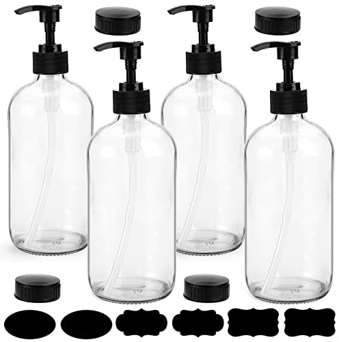yarlung Lot de 4 flacons à Pompe en Verre Transparent Rechargeable pour huiles essentielles, lotions, Produits de Nettoyage, 4 Bouchons Noirs et 6 étiquettes
