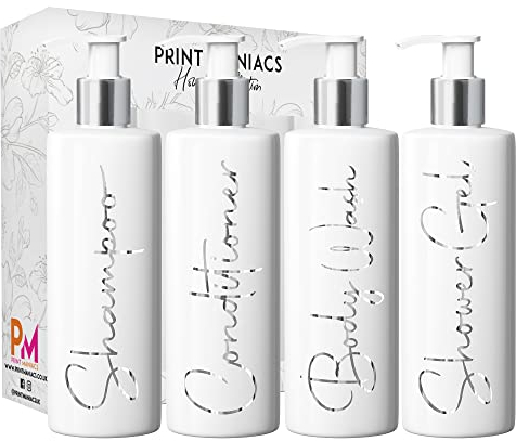 Print Maniacs White Mrs Hinch Inspired Personalised 500ml Pump Bottles Bathroom Lotion Kitchen Set Shampoo Conditioner ( Shower Gel Set, F2 ) (Silver)