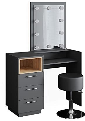 Vicco Schminktisch Beatrice, Anthrazit/Eiche, 100 cm mit LED Beleuchtung und Hocker
