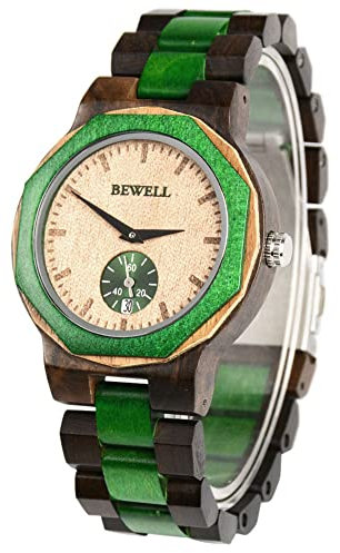 BEWELL Holzuhr für Herren, lässige analoge Quarz Herren Holzuhren Ebenholz und grünes Holz