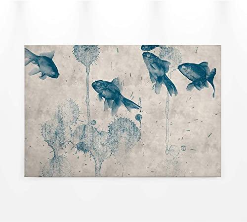 Tableau poissons japonais & tâche de peinture | Tableau bleu & beige pour salle de bain | Tableau sur toile déco salon & couloir