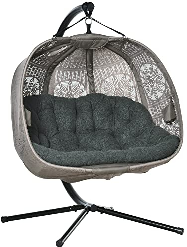 Outsunny Hängesessel mit Gestell, Eiförmiger Hängeschaukel mit abnehmbarem waschbarem Kissen, Hängematte für 2 Personen, Schaukelsessel Indoor Outdoor, Sand+Schwarz