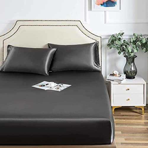 Satin Spannbettlaken 160x200 Grau Anthrazit Boxspringbett Satin Bettlaken Glänzend Seide Spannbetttuch Uni Muster Hochwertiges Spannbetttücher für Matratze Hohe bis 25-30 cm