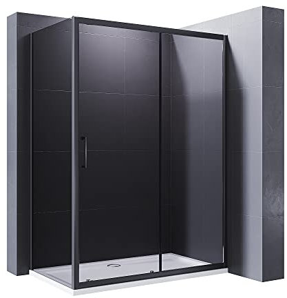 ELEGANT 1000x900mm Black Sliding Shower Enclosure 8mm Easy Clean Glass Shower Cubicle Door with Stone Tray + Side Panel