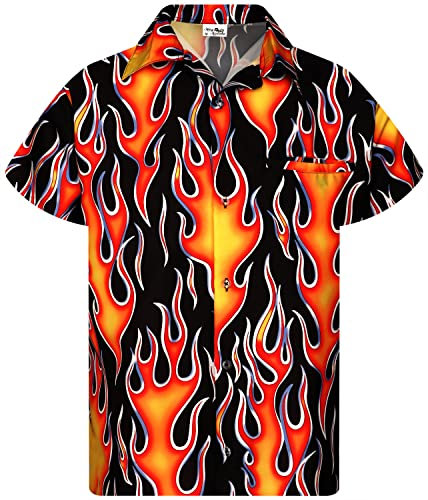 King Kameha Funky Hawaiian Shirt, Men, Shortsleeve, Flames Wild, Orange, XL