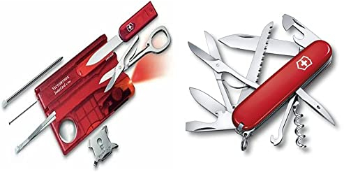 Victorinox Swiss Card Lite, Multitool de Poche Suisse, 13 Fonctions, Led, Loupe, Rouge Transparent & Couteau de Poche Huntsman (15 Fonctions, Ciseaux, Scie à Bois, Tournevis) Rouge - Rouge, One Size