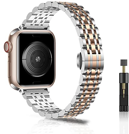 WoPail Correa Mujer Compatible con Apple Watch 41mm 40mm 38mm Serie 10 42mm/9/8/7/6/5/4/3/2/1, Pulseras de Repuesto Metal de Acero Inoxidable para iWatch SE/SE 2 - Plata&Oro Rosa