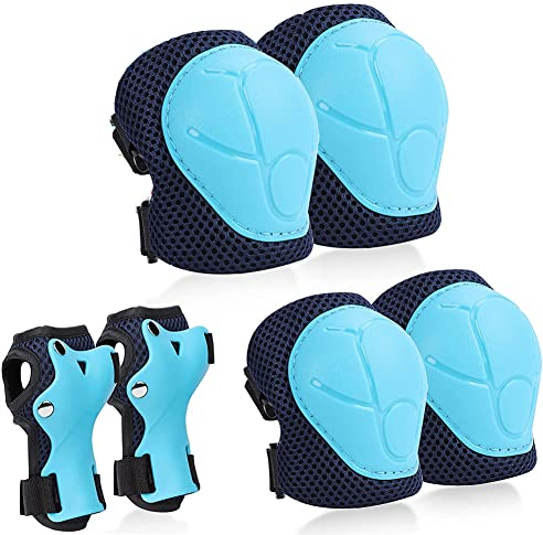Knieschoner Kinder, 6 in 1 Skate Protektoren Set Ellenbogenschoner Knieschützer Inliner Skateboard Handgelenkschoner Schützer für Kinder - Blau