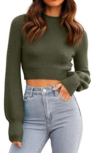 GeGekoko Womens Jumpers Sweatshirt Sexy Crew Neck Cropped Sweaters Ribbed Knit Long Sleeve Crop Tops Pullover ArmyGreen