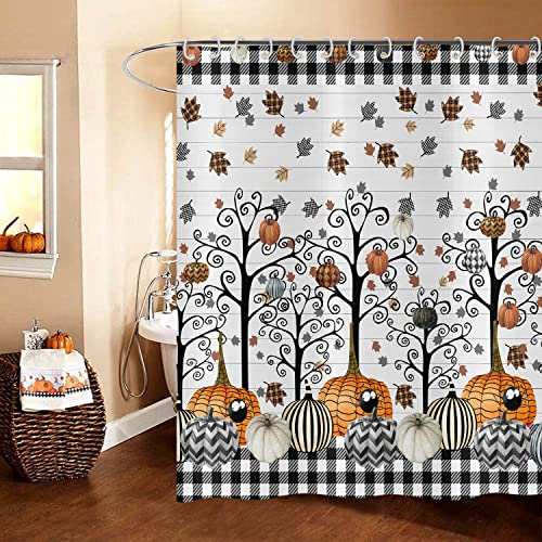 Hnmdmyi Duschvorhang Herbst 120x180, Bauernhaus Kürbis Ahornblatt Schwarz Weiß Büffelkaro Kariert Rustikal Holzbrett Badewanne Vorhang Wasserdicht Polyester Stoff Waschbar Badevorhang mit Haken