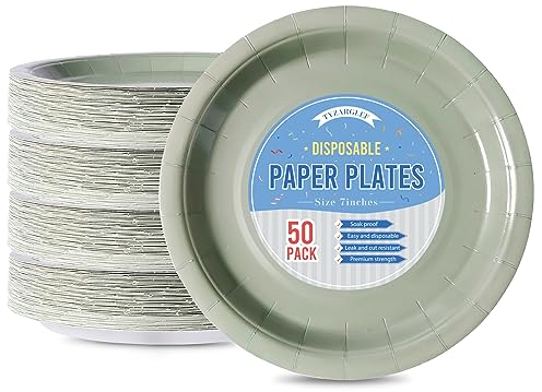 Tyzarglef Einweg-Pappteller, Salbeigrün, 50 Stück, 17,8 cm, Dessert-Kuchenteller, Großpackung für Partyzubehör, farbige und stabile Partyteller für Geburtstag, Hochzeit, Babyparty, Brautparty-Zubehör