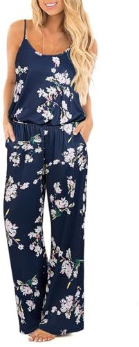 OUGES Damen Sommer Ärmellos Jumpsuit Blumen Overall Lang Hosenanzug Casual Playsuit Romper mit Taschen(FLoral05,XL)