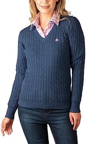 Ladies V Neck Cable Knit Jumper Womens Chunky Knitted Jumper Pullover Sweater (UK, Numeric, 16, Regular, Regular, Mid Navy/Pink)