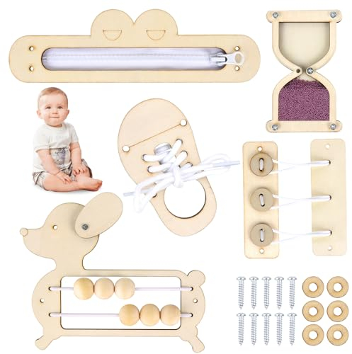 FENGQ Holz Montessori Busy Board Zubehör, 5 Stück Activity Board Zubehör für Kleinkinder, Montessori Busy Board DIY Zubehör, Hölzernes Montessori Beschäftigungsbrett für 1-6 Jungen Mädchen