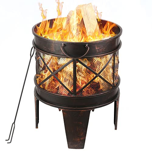 Feuerschale, Feuerschale Kamin mit Griff und Schürhaken,Feuerkorb 58 x 42 cm,Rund in Antik-Rost-Optik, Mehrzweck-Feuerkorb für den Garten Feuerstelle Garten Multifunktional Fire Pit