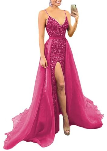 KURFACE Glitter paillettes damigella d'onore abiti da ballo con treno staccabile abiti da sera formali spalline spaghetti WSX433, Fucsia, 40