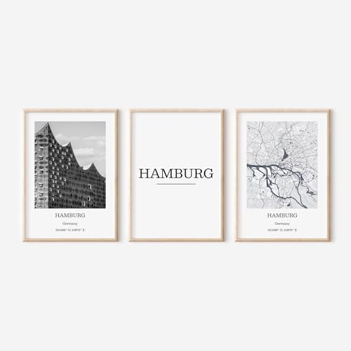ZoeyAustin® 3er Set City Poster DIN A3 (30cm x 42cm), Minimalistisch Moderne Wanddeko, Wohnzimmer Schlafzimmer Deko, Schwarz-Weiß (Hamburg)