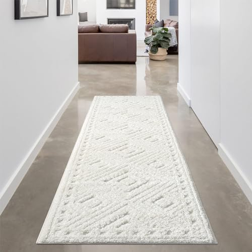 carpet city Teppich Wohnzimmer Hochflor Creme - Läufer 80x300 cm - Hochtief-Muster, 3D-Effekt Raute - Bettvorleger Schlafzimmer Teppiche Boho, Skandi