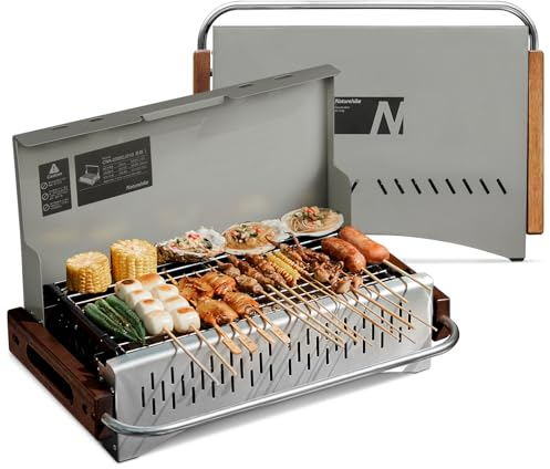 Naturehike Holzkohlegrill, zusammenklappbar, tragbar, leicht, Smoker-Grill, kleiner Schreibtisch, Tischplatte, Outdoor-Grill für Camping, Picknicks, Hinterhof, Garten, Strandparty, Schwarz