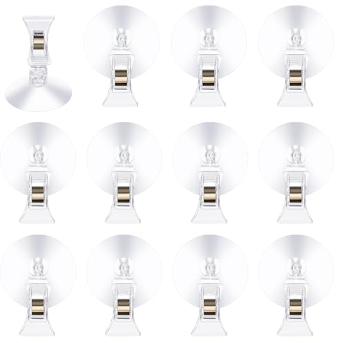 Amaxiu Suction Cup Hook Clip Holder, 12Pcs Lights String Suction Cups Clear Suction Cup with 12 Clip for Windows Glass Wall Suction Hooks Aquarium Parking Ticket Holder(12 Pcs)