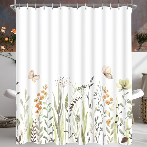 Lerores Duschvorhang 240x200cm Frische Schmetterling Blumen, Beschwerter Saum Antischimme, Wasserabweisend, Waschbar Polyester Badevorhänge mit Ösen und 16 Duschvorhangringen für Badezimmer, Badewanne
