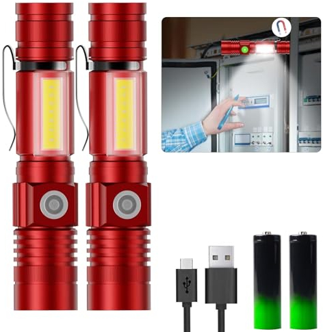 Karrong Taschenlampe LED Aufladbar mit Magnet COB Seitenlicht Zoombar, Extrem Hell 3000 Lumen USB Taschenlampen Batteriebetrieben Wasserdicht, 4 Modi für Outdoor Wandern Camping Notfall, Rot