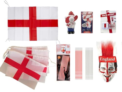 England Football Fan, Euros, World Cup, Cricket 2025 Supporter Pack - Facepaints, Hats, Flag, Bunting and More
