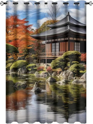 DEBAOKA Rideaux occultants japonais pour chambre à coucher, beaux étangs, maison vintage, isolation thermique, œillets pour salon, 2 panneaux
