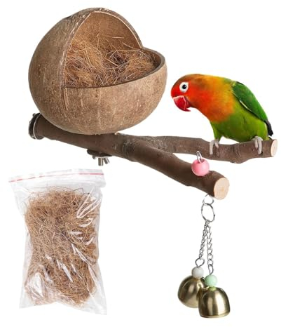 Vogelkäfig, Vogelkäfig aus Kokosnussschale, Nistkasten für Papageien, mit Kokosnuss, Reibe für Finken, Wellensittiche, Nymphensittiche, Wellensittiche