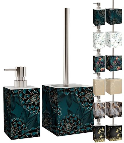 Sanilo Badezimmer Set, Seifenspender und WC Bürste mit Motiv, große Auswahl, Klobürste ohne Bohren, schöne Designs (Dahlien)